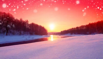 abstract winter wonderland landscape with ruby red sunset snowy woods and river at dawn snowflakes and sun