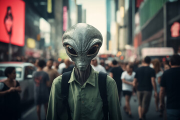 Aliens Among Us. An extraterrestrial being in human clothing among people on a busy street.