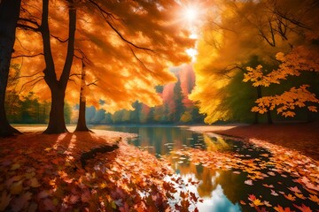 Beautiful autumn landscape with. Colorful foliage in the park. Falling leaves natural background 