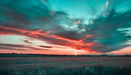 Obraz premium the sunset is above a field in the style of colorful turbulence dark turquoise and red