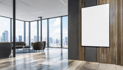 interior of modern hotel lobby with grey and wooden walls tiled floor panoramic window with blurry cityscape and vertical mock up poster
