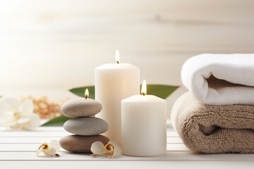 Spa stones with towels and candles