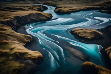 Fotobehang A glacial rivers from above. Aerial photograph of the river streams from Icelandic glaciers. Beautiful art of the Mother nature created in Iceland. Wallpaper background high quality photo  © Muzamil