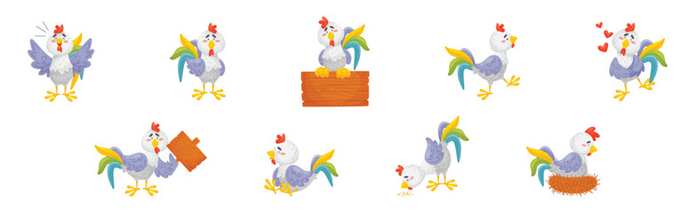 Funny Rooster or Cockerel Character in Different Pose Vector Set © Happypictures
