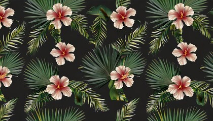 tropical seamless pattern with hibiscus flowers beautiful palm banana leaves hand drawn vintage 3d illustration glamorous exotic abstract background art design good for luxury wallpapers clothes
