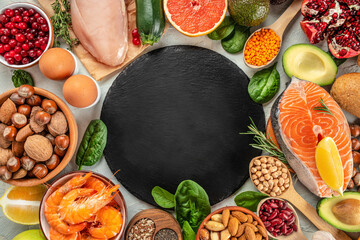 Food sources of omega 3 fats healthy food concept. Balanced diet. Top view. Copy Space