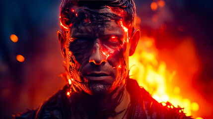 Man with glowing red eyes in front of dark background with flames. - obrazy, fototapety, plakaty