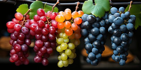 succulent grapes, hanging from the vine. The vibrant colors and plump texture make them an inviting and delicious snack  - obrazy, fototapety, plakaty