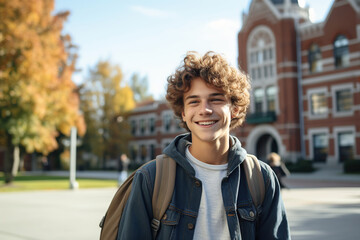 Fototapeta premium Young american student boy with backpack walking at university campus