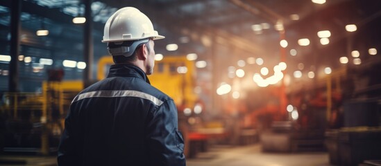 Factory manager or executive exemplify leadership as engineering inspection supervisor during visit to metalwork manufacturing factory, touring and inspecting heavy steel industrial machinery. - obrazy, fototapety, plakaty