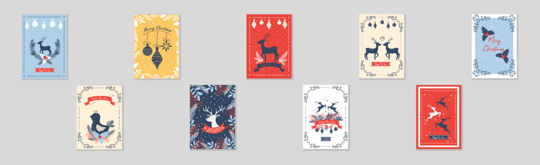 Merry Christmas and Winter Holiday Greeting Card Vector Template Set