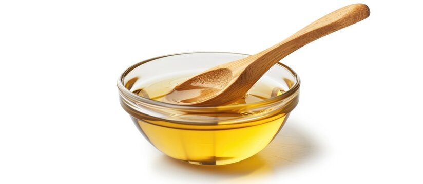 Glass bowl with wooden spoon holding soybean oil or vegetable cooking oil isolated on white background with clipping path.