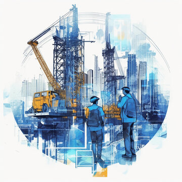 illustration digital building construction engineering with double exposure graphic design. Building engineers, architect people or construction workers working with modern civil equipment technology 