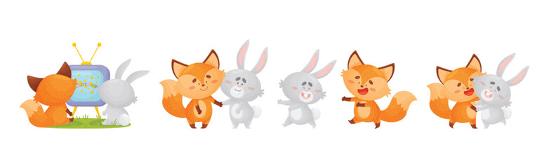 Lovely Little Fox and Bunny Cub Having Fun Together Vector Set