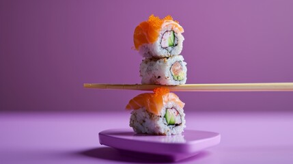 Beautiful harmonious composition of sushi on purple background. Balanced Japanese food.