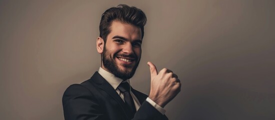 Handsome, successful businessman achieves company goal with a smile and a thumbs up. - obrazy, fototapety, plakaty
