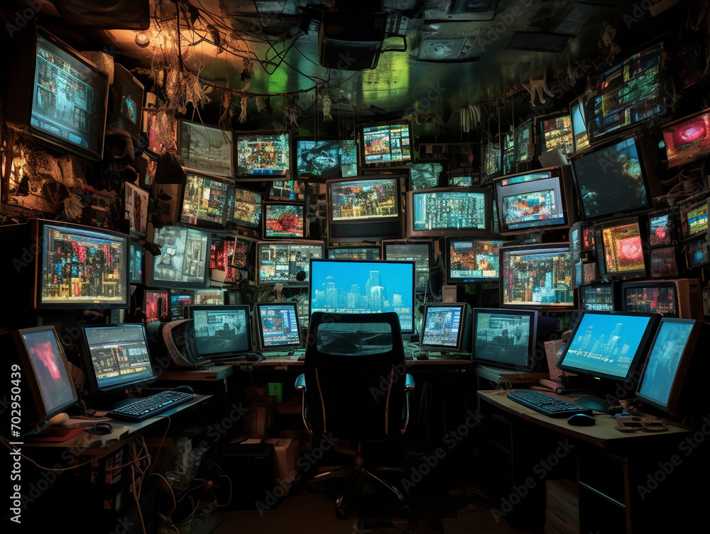 Poster room with multiple computer monitors and monitors on the wall and on the ceiling