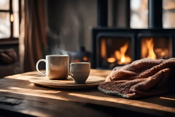 Mug with  tea standing on a table with woolen blanket in a cozy living room with fireplace. Cozy winter day. created with Generative AI technology - obrazy, fototapety, plakaty