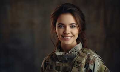 Cheerful female soldier smiling at the camera while standing against a studio background. Brave young servicewoman wearing the camouflage military uniform of the United States Armed Forces
