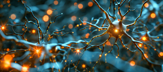 neurons with orange glowing points, representing neural activity, against a dark blue background - obrazy, fototapety, plakaty