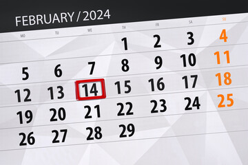 Fototapeta premium Calendar 2024, deadline, day, month, page, organizer, date, February, wednesday, number 14