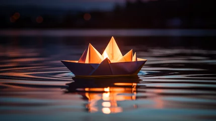 Gordijnen A candle in an origami boat. Paper origami sailboat © Mudassir