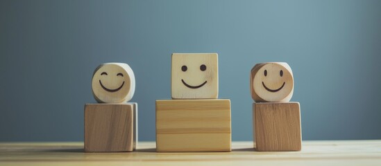 Smiley wooden cube figure stands on podium with winners.