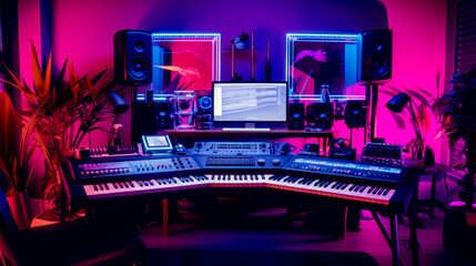Music studio with keyboard, monitor, speakers and other musical equipment.