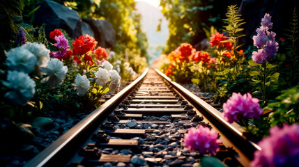 Train track with flowers growing on it's sides and the sun shining through the trees. - Powered by Adobe
