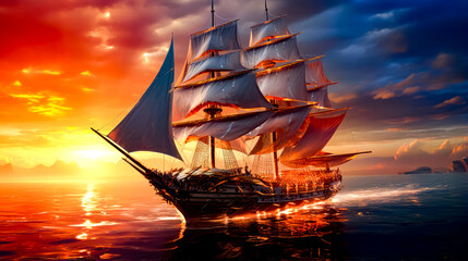 Sailing ship in the middle of the ocean with sunset in the background.