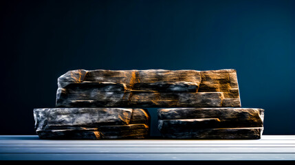 Large piece of wood sitting on top of white table next to black wall.