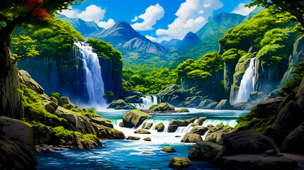 Painting of waterfall in the middle of mountain range with river running through it. - obrazy, fototapety, plakaty