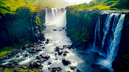 Large waterfall in the middle of river surrounded by lush green hills.