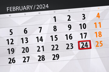 Fototapeta premium Calendar 2024, deadline, day, month, page, organizer, date, February, saturday, number 24