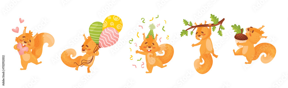 Poster cute squirrel character with bushy tail engaged in different activity vector set
