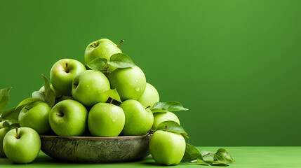 Vibrant Green Apples Perfectly Aligned on a Lush Green Backdrop