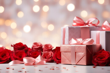 Gift boxes with rose and decorations on pink theme - bokeh background