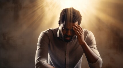 Closeup of adult Black man holding head in hands and struggling with depression