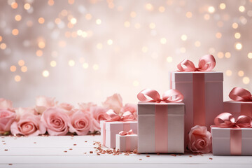 Gift boxes with rose and decorations on pink theme - bokeh background