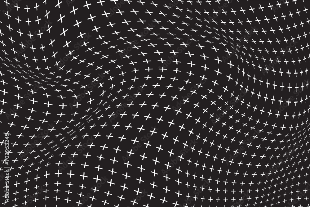 Poster abstract black and white background. plus symbols in a wave. dark walpaper. vector design