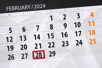 Calendar 2024, deadline, day, month, page, organizer, date, February, wednesday, number 28