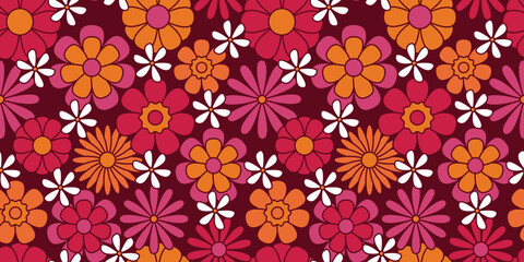 Colorful groovy floral seamless pattern. Hippie aesthetic. Funny multicolored print for fabric, paper, any surface design. Psychedelic wallpaper