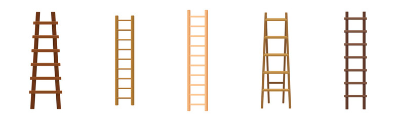 Wooden Step Ladder for Domestic and Construction Need Vector Set