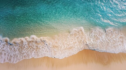Beautiful sandy beach and soft blue ocean wave from top view , Summer seascape background.