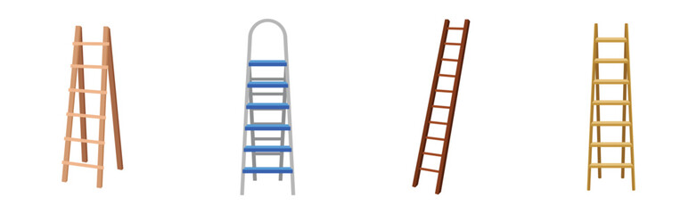 Wooden and Metal Step Ladder for Domestic and Construction Need Vector Set