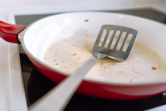dirty greasy frying pan with burnt food residue