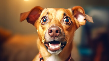  A surprised dog with wide eyes and ears perked up, displaying an amusing and shocked expression
