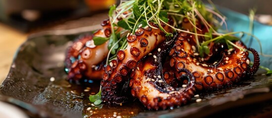 Grilled baby octopus prepared in Korean fashion - obrazy, fototapety, plakaty