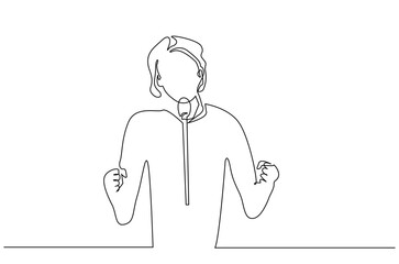 strong successful woman giving microphone speech excited confident one line art design
