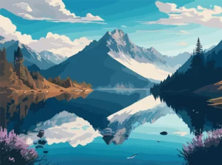 Foto op Plexiglas an intricate scene that brings to life the natural beauty of a serene landscape. The interplay of calm water, majestic mountains, clear sky, and fluffy clouds should create a visual narrative  © Nadeeja